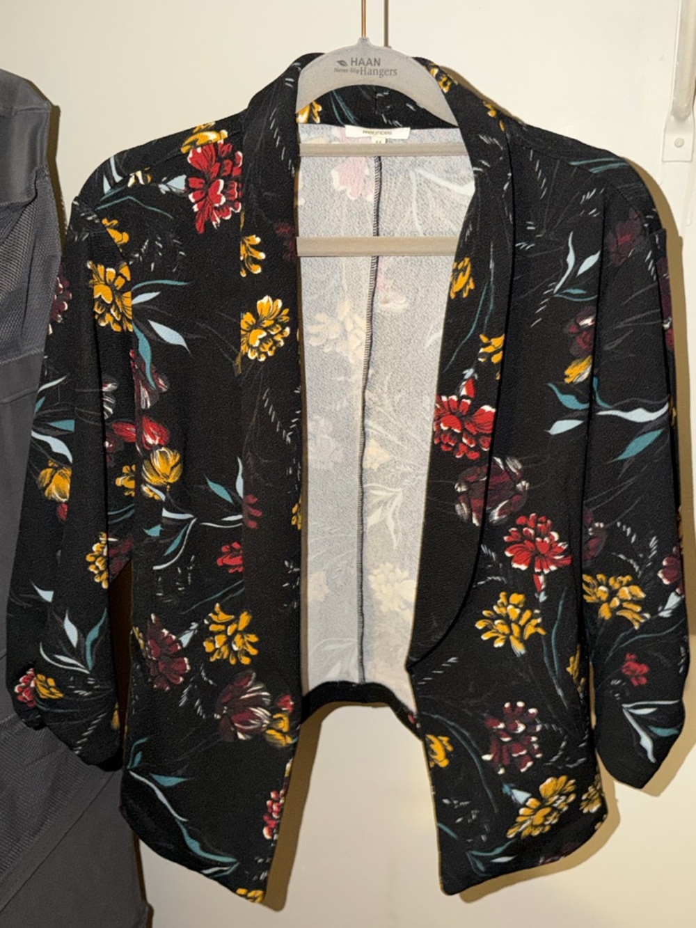 Maurices Black Floral Open Front Top with Mustard & Teal Accents